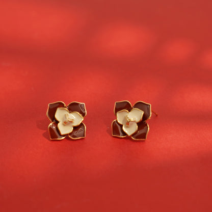 Enamel Camellia Irregular Gold-plated Stud Earrings