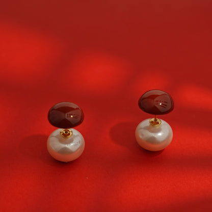 Enamel Mushroom-Shaped Pearl Stud Earrings