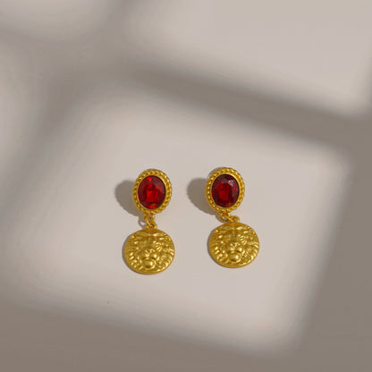 Golden Engraved Lion Vintage Glaze Stone Stud Vintage Earrings