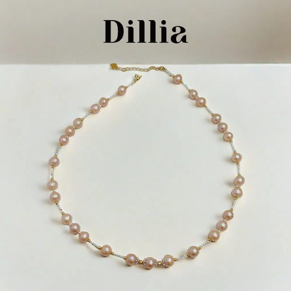 S925 7-7.5mm Freshwater Rose Pink Gold Pearl Necklace