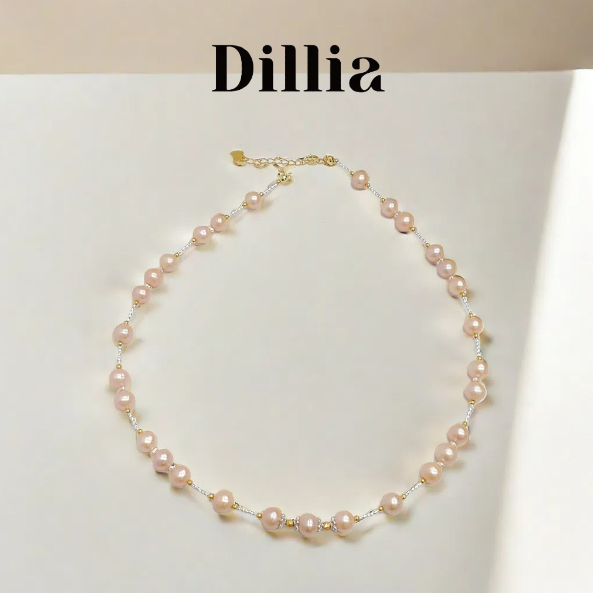S925 7-7.5mm Freshwater Rose Pink Gold Pearl Necklace