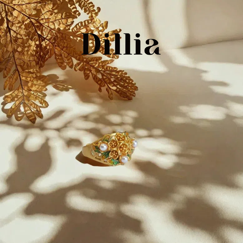 Enamel Pomegranate Flower Pearl Gold-Plated Ring