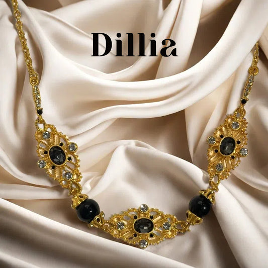 Vintage Black Ziron Hollow Gold Filigree Necklace